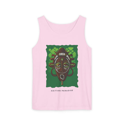 Haitian Paradise Tank Top Afro Haitian Mask Graphic Shirt Unisex Summer Beachwear Cultural Festival Outfit Ancestral Inspired Apparel