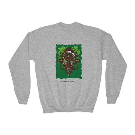 Afro-Haitian Guardian Youth Crewneck Sweatshirt Vibrant Cultural Mask Design Cozy Kids Pullover Heritage-Inspired Gift Casual Everyday Wear