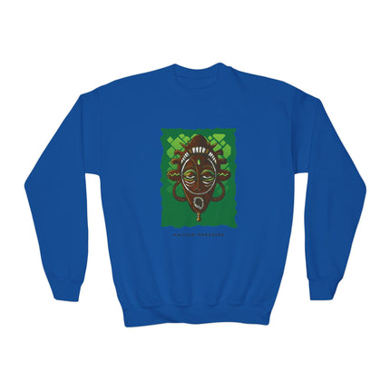 Afro-Haitian Guardian Youth Crewneck Sweatshirt Vibrant Cultural Mask Design Cozy Kids Pullover Heritage-Inspired Gift Casual Everyday Wear