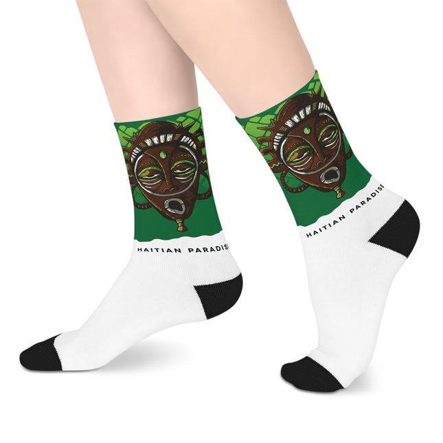 Haitian Paradise Limited Heritage Crew Mid-Length Socks Afro Haitian Guardian Mask Design