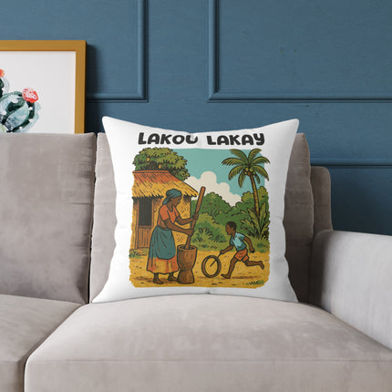 Lakou Lakay Illustrated Luxury Pillow Haitian Courtyard Memory Scene Creole Village Art - CreoleSizzle