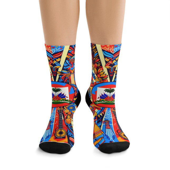 Haiti Flag Recycled Poly Socks - Vibrant Haitian Cultural Design - Eco-Friendly Crew Socks - CreoleSizzle
