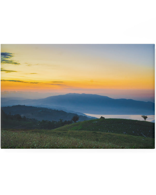 Haitian Mountains Landscape Button Magnet, Rectangle - Perfect Gift for Haiti Lovers, Island Souvenir, Ombre Sunset Fridge - CreoleSizzle