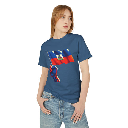 Raised in Resistance Haitian Flag Power Fist T-Shirt Heritage & Unity Series Unisex Heavyweight T-Shirt