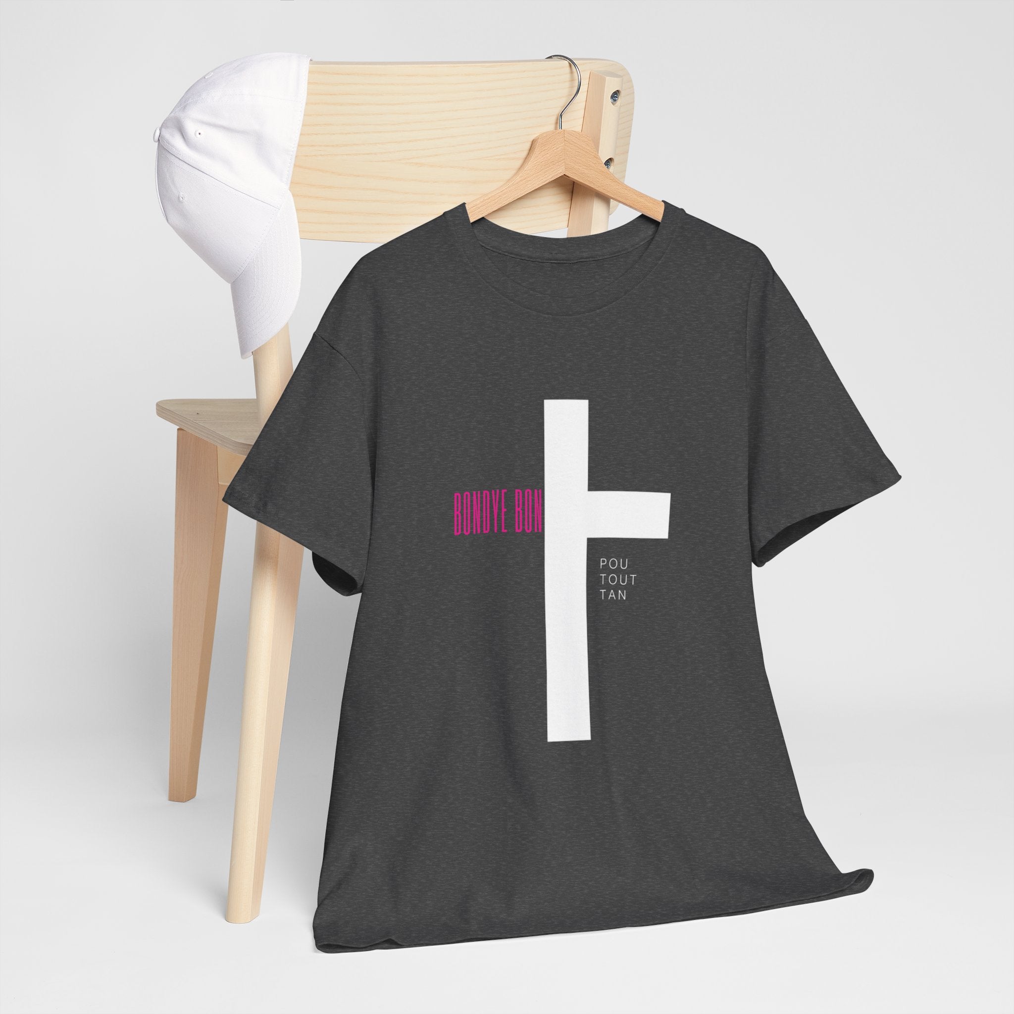 Bondye Bon Pou Toutan T-Shirt - Christian Haitian Faith Tee - Inspirational Gospel Apparel with Cross Graphic Unisex Heavy Cotton Tee