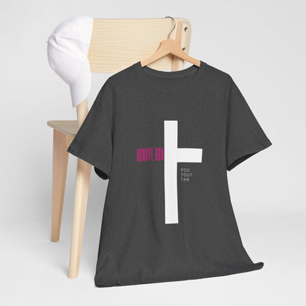Bondye Bon Pou Toutan T-Shirt - Christian Haitian Faith Tee - Inspirational Gospel Apparel with Cross Graphic Unisex Heavy Cotton Tee - CreoleSizzle