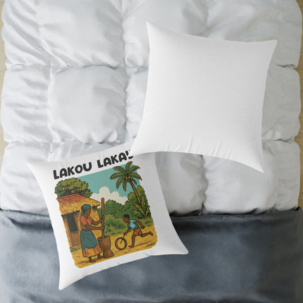 Lakou Lakay Illustrated Luxury Pillow Haitian Courtyard Memory Scene Creole Village Art - CreoleSizzle