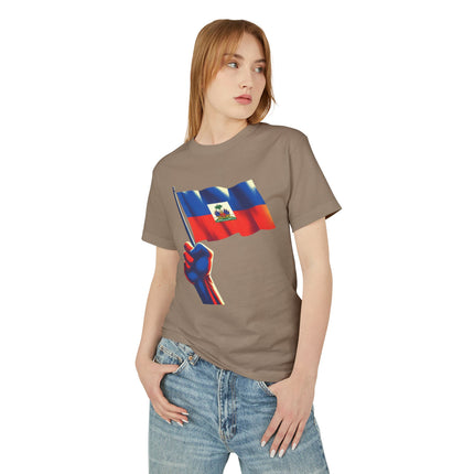 Raised in Resistance Haitian Flag Power Fist T-Shirt Heritage & Unity Series Unisex Heavyweight T-Shirt