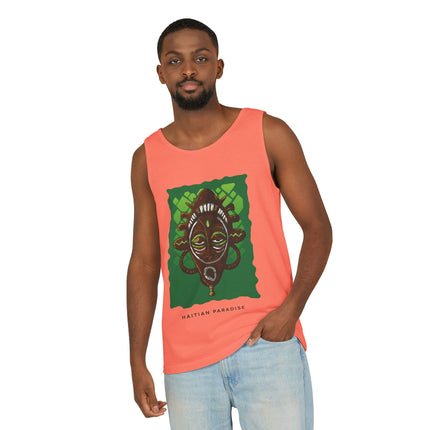 Haitian Paradise Tank Top Afro Haitian Mask Graphic Shirt Unisex Summer Beachwear Cultural Festival Outfit Ancestral Inspired Apparel