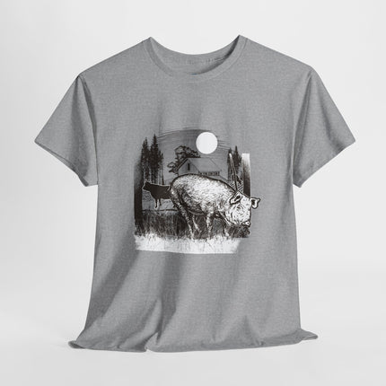 Rustic black and white farm illustration Pig, cow, barn, trees, grass, and moonlit countryside setting Vintage engraved art style with strong detail Connects to food culture, land, survival, and...