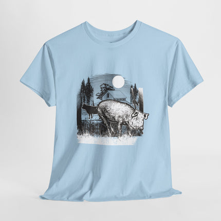Rustic black and white farm illustration Pig, cow, barn, trees, grass, and moonlit countryside setting Vintage engraved art style with strong detail Connects to food culture, land, survival, and...