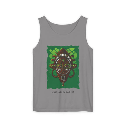 Haitian Paradise Tank Top Afro Haitian Mask Graphic Shirt Unisex Summer Beachwear Cultural Festival Outfit Ancestral Inspired Apparel