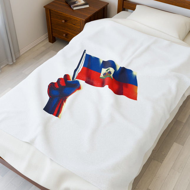 Haitian Flag Raised Fist Premium Plush Blanket Symbol of Strength Resistance Pride - CreoleSizzle