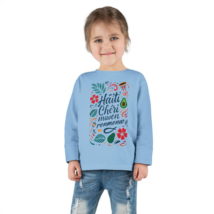 Haiti Chéri Mwen Renmenw Toddler Tee Tropical Floral Long Sleeve Haitian Pride Kids Shirt Spring & Everyday Wear