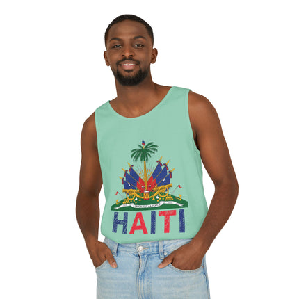 Ayiti in Crayon Heritage Tank Top Haitian Flag & Kreyòl Design Unisex Garment-Dyed Summer Wear