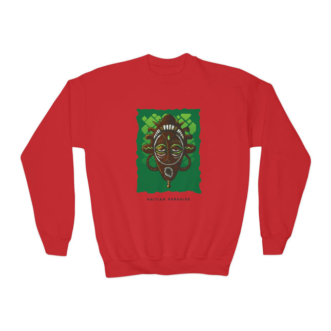 Afro-Haitian Guardian Youth Crewneck Sweatshirt Vibrant Cultural Mask Design Cozy Kids Pullover Heritage-Inspired Gift Casual Everyday Wear