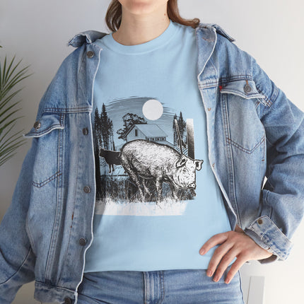 Rustic black and white farm illustration Pig, cow, barn, trees, grass, and moonlit countryside setting Vintage engraved art style with strong detail Connects to food culture, land, survival, and...