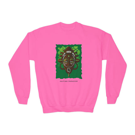 Afro-Haitian Guardian Youth Crewneck Sweatshirt Vibrant Cultural Mask Design Cozy Kids Pullover Heritage-Inspired Gift Casual Everyday Wear