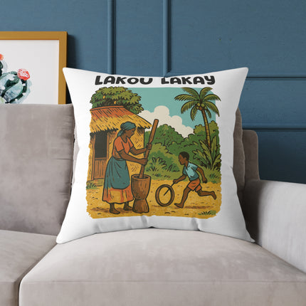 Lakou Lakay Illustrated Luxury Pillow Haitian Courtyard Memory Scene Creole Village Art - CreoleSizzle