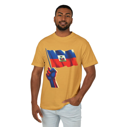 Raised in Resistance Haitian Flag Power Fist T-Shirt Heritage & Unity Series Unisex Heavyweight T-Shirt