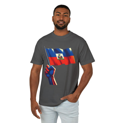 Raised in Resistance Haitian Flag Power Fist T-Shirt Heritage & Unity Series Unisex Heavyweight T-Shirt