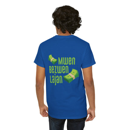 Mwen Bezwen Lajan Hustler’s Creed T-Shirt Haitian Wit Series Perfect for Casual Outings, Unisex Heavy Cotton Tee Haitian Street Vibes Graphic on Back