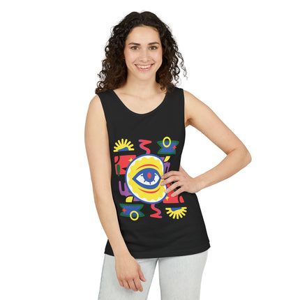 Colorful Eye Graphic Tank Top Unisex Boho Festival Shirt Spiritual Protection Design Afro-Haitian Inspired