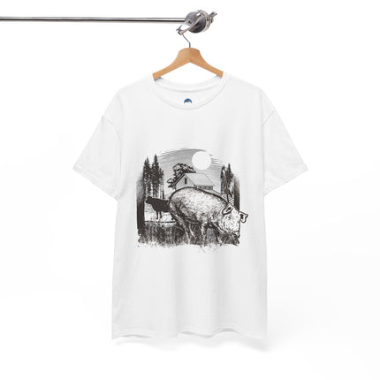 Rustic black and white farm illustration Pig, cow, barn, trees, grass, and moonlit countryside setting Vintage engraved art style with strong detail Connects to food culture, land, survival, and...