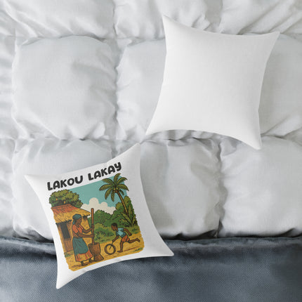 Lakou Lakay Illustrated Luxury Pillow Haitian Courtyard Memory Scene Creole Village Art - CreoleSizzle