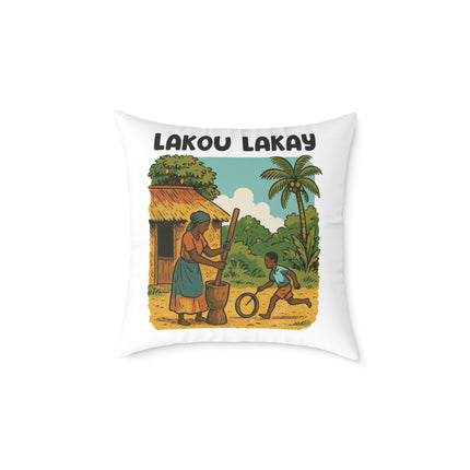 Lakou Lakay Illustrated Luxury Pillow Haitian Courtyard Memory Scene Creole Village Art - CreoleSizzle
