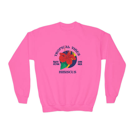 Tropical Vibes Youth Crewneck Sweatshirt Hibiscus Floral Design Kids Vacation Apparel Summer-Ready Pullover