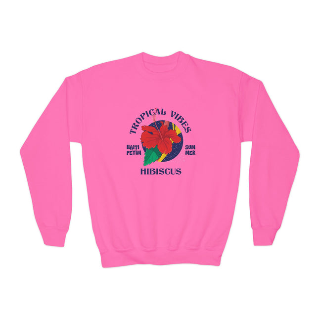 Tropical Vibes Youth Crewneck Sweatshirt Hibiscus Floral Design Kids Vacation Apparel Summer-Ready Pullover