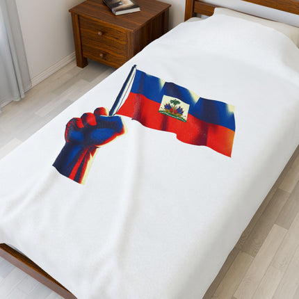Haitian Flag Raised Fist Premium Plush Blanket Symbol of Strength Resistance Pride - CreoleSizzle