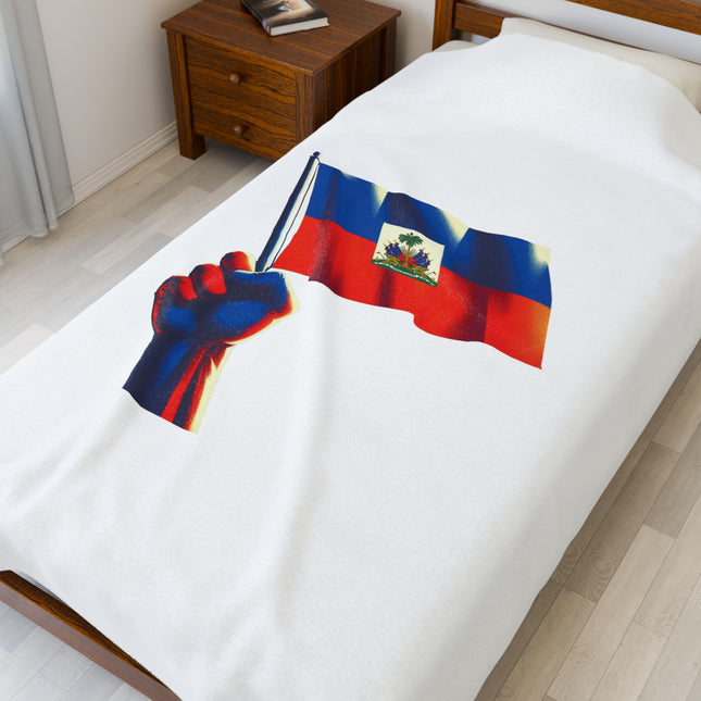 Haitian Flag Raised Fist Premium Plush Blanket Symbol of Strength Resistance Pride - CreoleSizzle