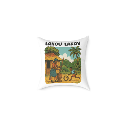 Lakou Lakay Illustrated Luxury Pillow Haitian Courtyard Memory Scene Creole Village Art - CreoleSizzle