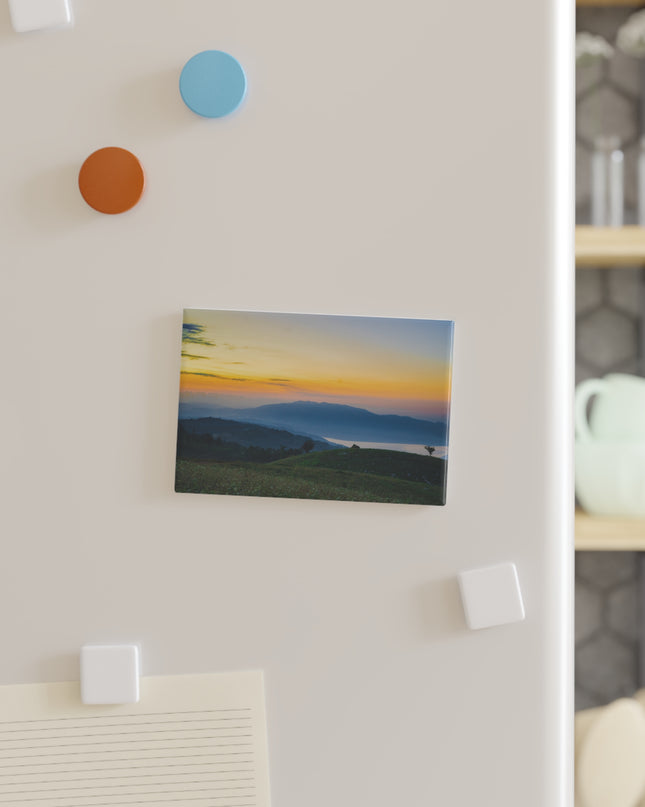 Haitian Mountains Landscape Button Magnet, Rectangle - Perfect Gift for Haiti Lovers, Island Souvenir, Ombre Sunset Fridge - CreoleSizzle