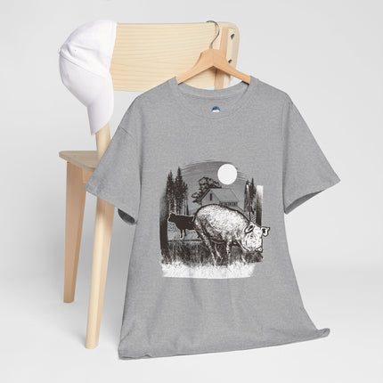 Rustic black and white farm illustration Pig, cow, barn, trees, grass, and moonlit countryside setting Vintage engraved art style with strong detail Connects to food culture, land, survival, and...