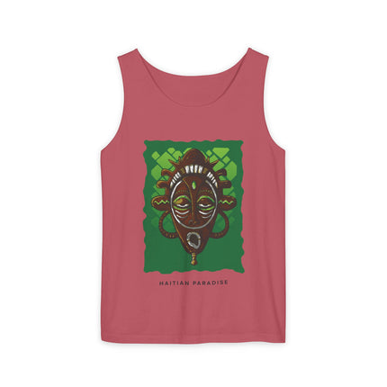 Haitian Paradise Tank Top Afro Haitian Mask Graphic Shirt Unisex Summer Beachwear Cultural Festival Outfit Ancestral Inspired Apparel