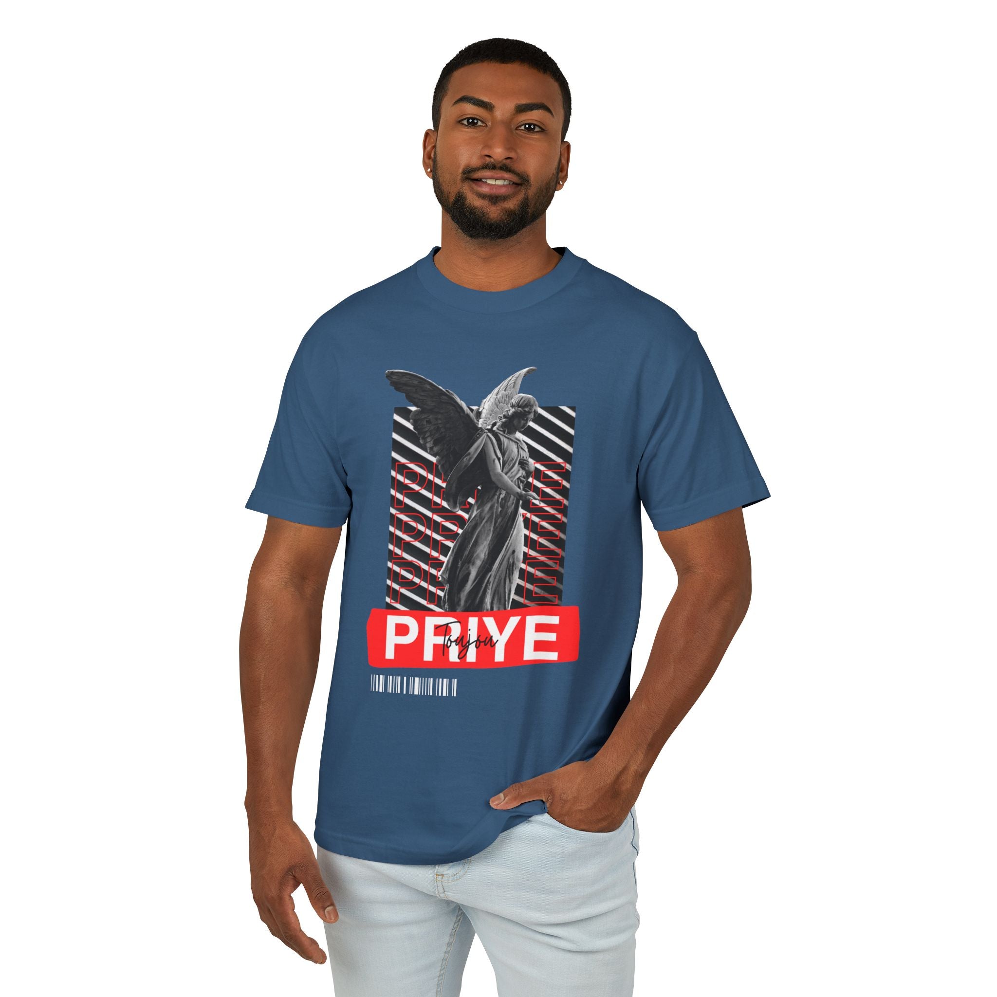Toujou Priye T-Shirt Haitian Christian Faith Design Pray Always Sustainable & Durable Unisex Garment-Dyed Heavyweight Cotton Tee