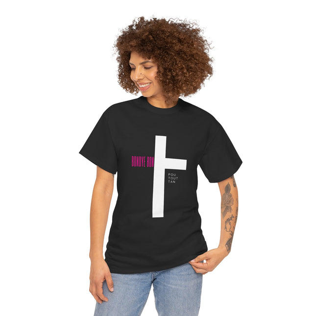 Bondye Bon Pou Toutan T-Shirt - Christian Haitian Faith Tee - Inspirational Gospel Apparel with Cross Graphic Unisex Heavy Cotton Tee - CreoleSizzle