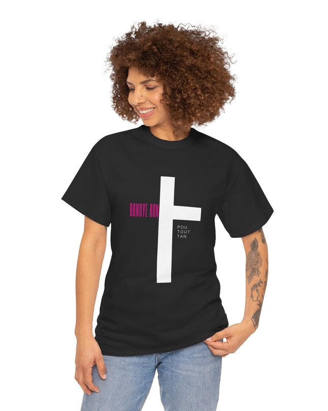 Bondye Bon Pou Toutan T-Shirt - Christian Haitian Faith Tee - Inspirational Gospel Apparel with Cross Graphic Unisex Heavy Cotton Tee - CreoleSizzle