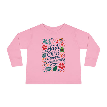 Haiti Chéri Mwen Renmenw Toddler Tee Tropical Floral Long Sleeve Haitian Pride Kids Shirt Spring & Everyday Wear