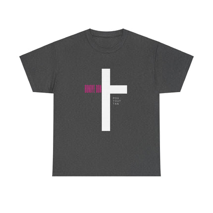 Bondye Bon Pou Toutan T-Shirt - Christian Haitian Faith Tee - Inspirational Gospel Apparel with Cross Graphic Unisex Heavy Cotton Tee - CreoleSizzle
