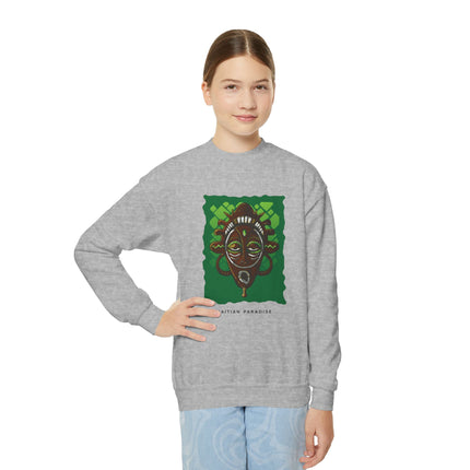 Afro-Haitian Guardian Youth Crewneck Sweatshirt Vibrant Cultural Mask Design Cozy Kids Pullover Heritage-Inspired Gift Casual Everyday Wear
