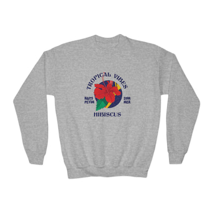 Tropical Vibes Youth Crewneck Sweatshirt Hibiscus Floral Design Kids Vacation Apparel Summer-Ready Pullover