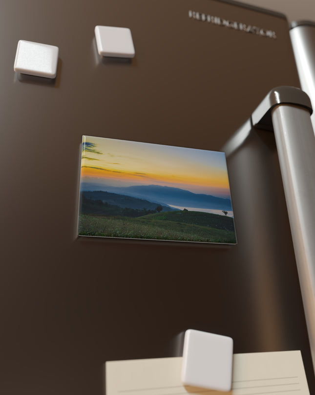 Haitian Mountains Landscape Button Magnet, Rectangle - Perfect Gift for Haiti Lovers, Island Souvenir, Ombre Sunset Fridge - CreoleSizzle