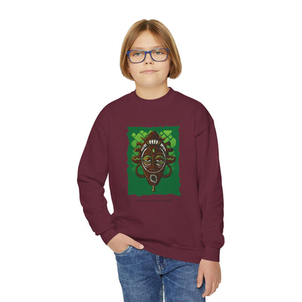 Afro-Haitian Guardian Youth Crewneck Sweatshirt Vibrant Cultural Mask Design Cozy Kids Pullover Heritage-Inspired Gift Casual Everyday Wear