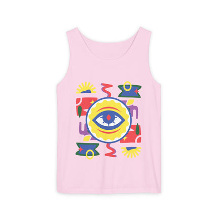 Colorful Eye Graphic Tank Top Unisex Boho Festival Shirt Spiritual Protection Design Afro-Haitian Inspired
