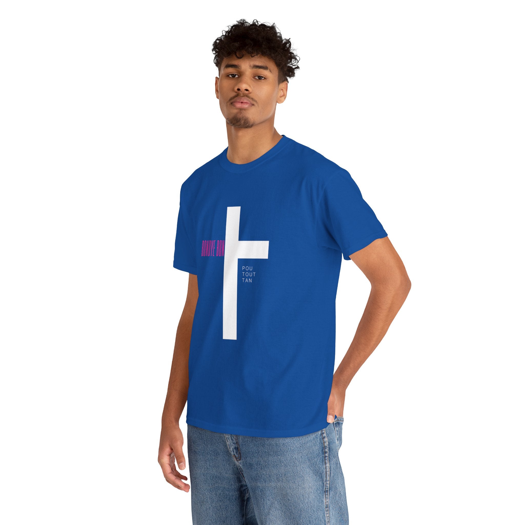 Bondye Bon Pou Toutan T-Shirt - Christian Haitian Faith Tee - Inspirational Gospel Apparel with Cross Graphic Unisex Heavy Cotton Tee