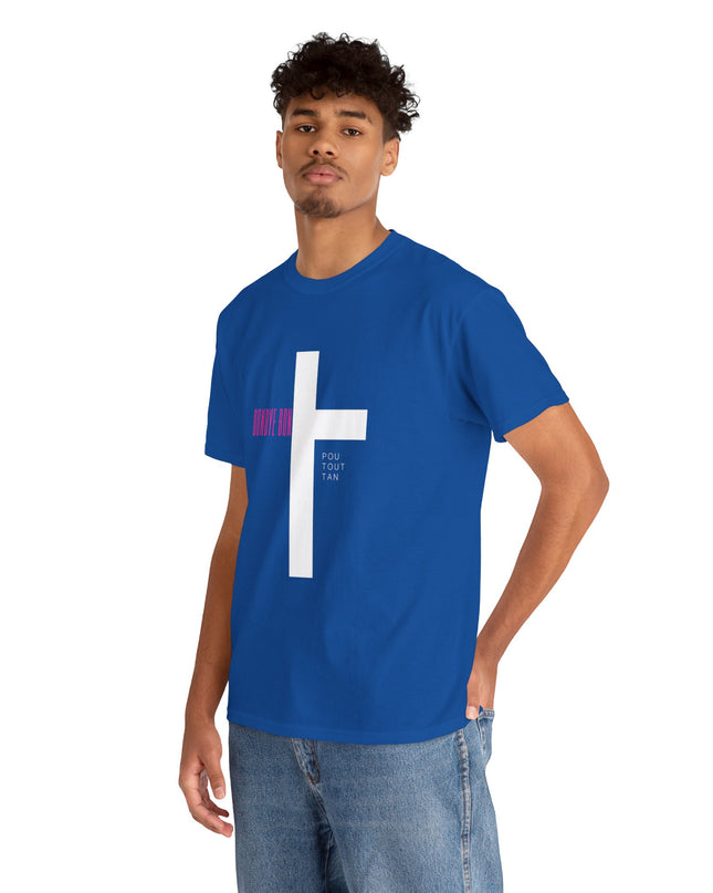 Bondye Bon Pou Toutan T-Shirt - Christian Haitian Faith Tee - Inspirational Gospel Apparel with Cross Graphic Unisex Heavy Cotton Tee - CreoleSizzle